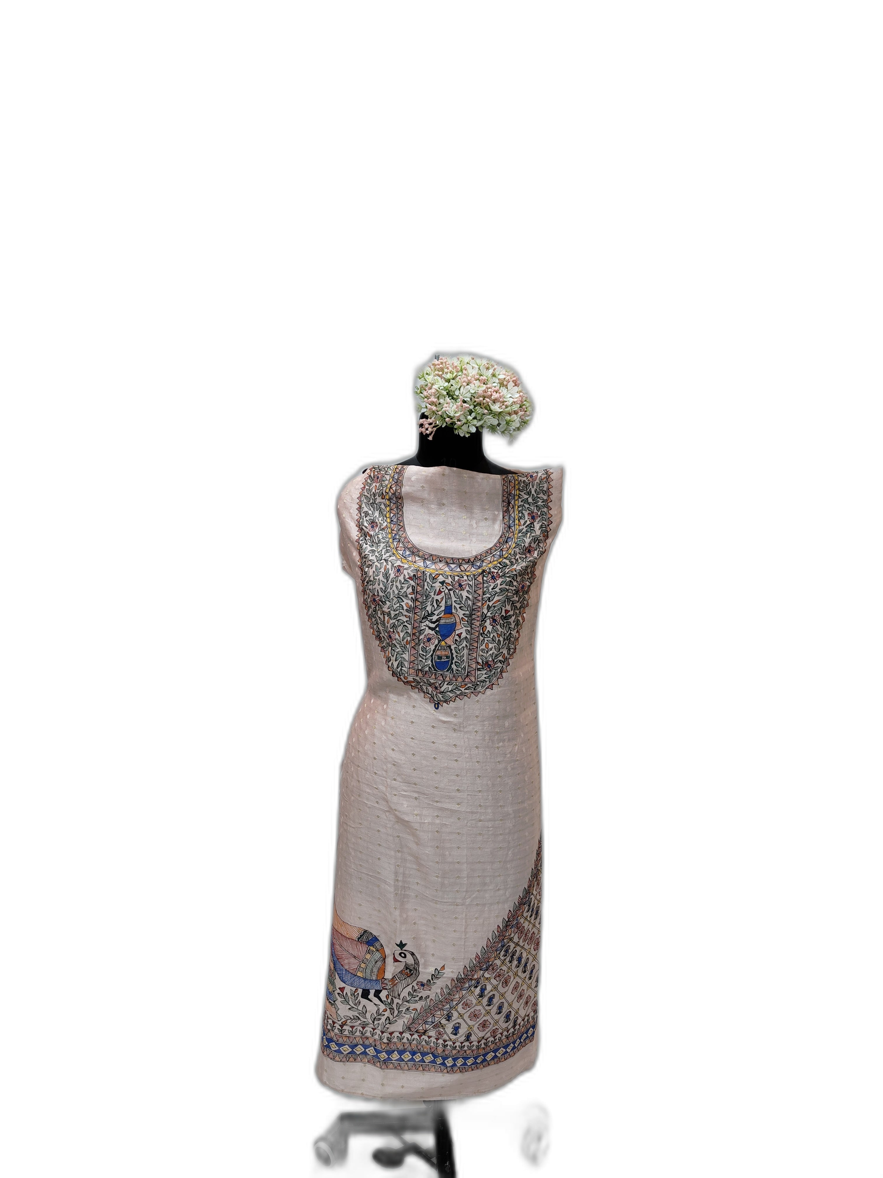 Hand-Painted Madhubani Unstitched Kurti – Baby Pink Chanderi